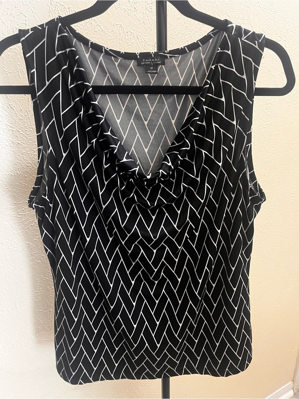 Tahari ASL Black and White Geometric Cowl Neck Sleeveless Top